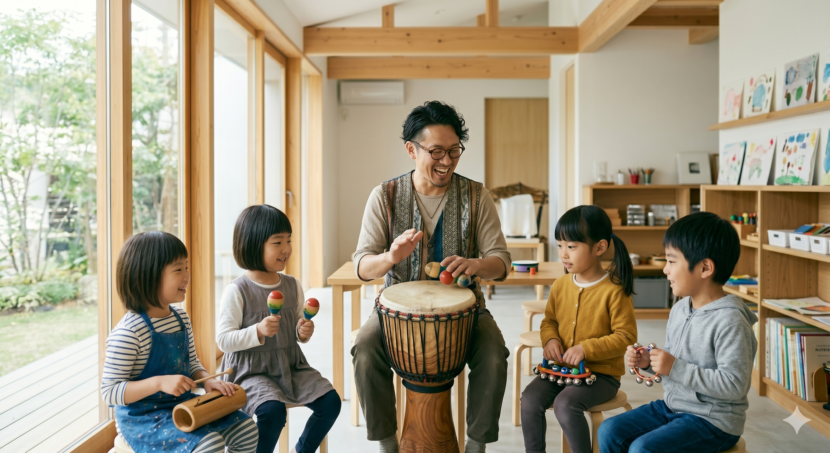大人と一緒に音楽体験をする子どもたち
